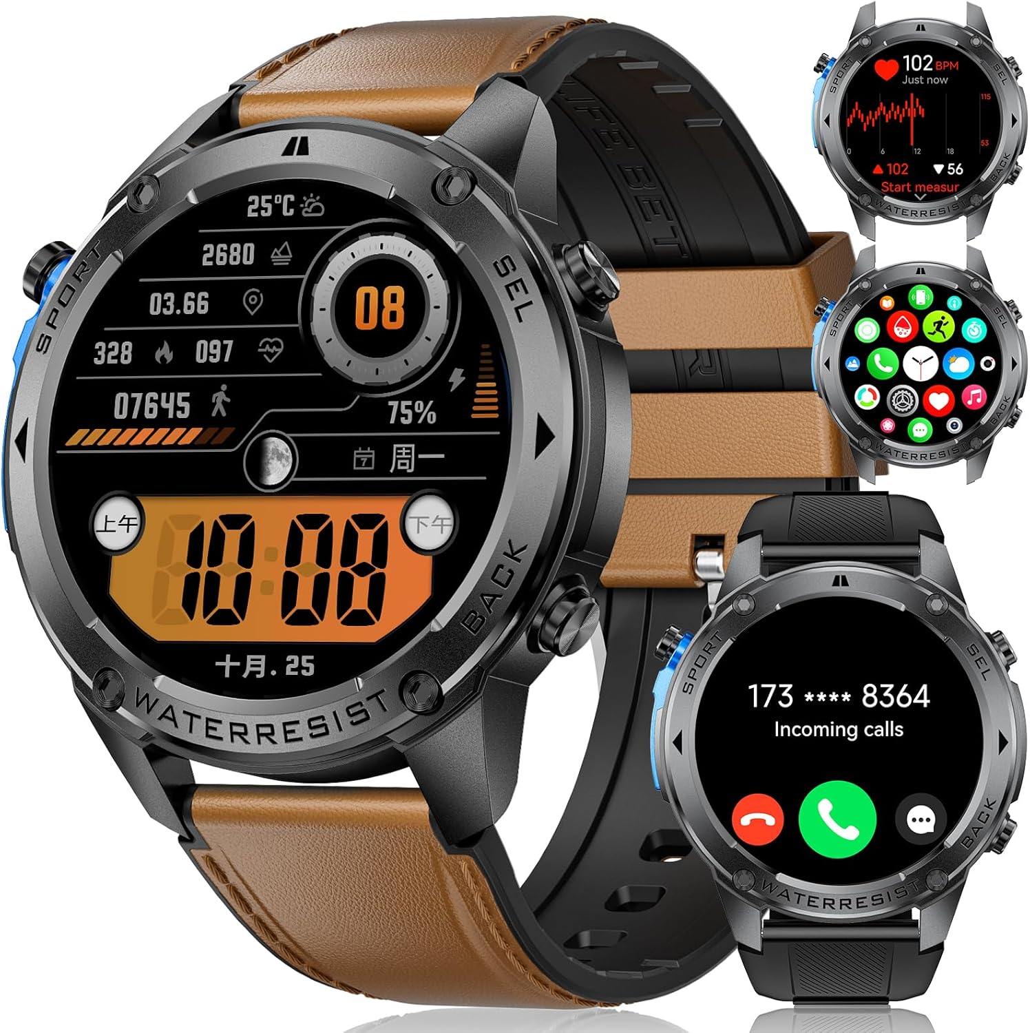 ESFOE Mens Military Watch GPS/10ATM Waterproof 45 Days AMOLED Smart Watch for Men with Phone Function Compass Barometer Heart Rate SpO2 170+ Sports Modes Watch