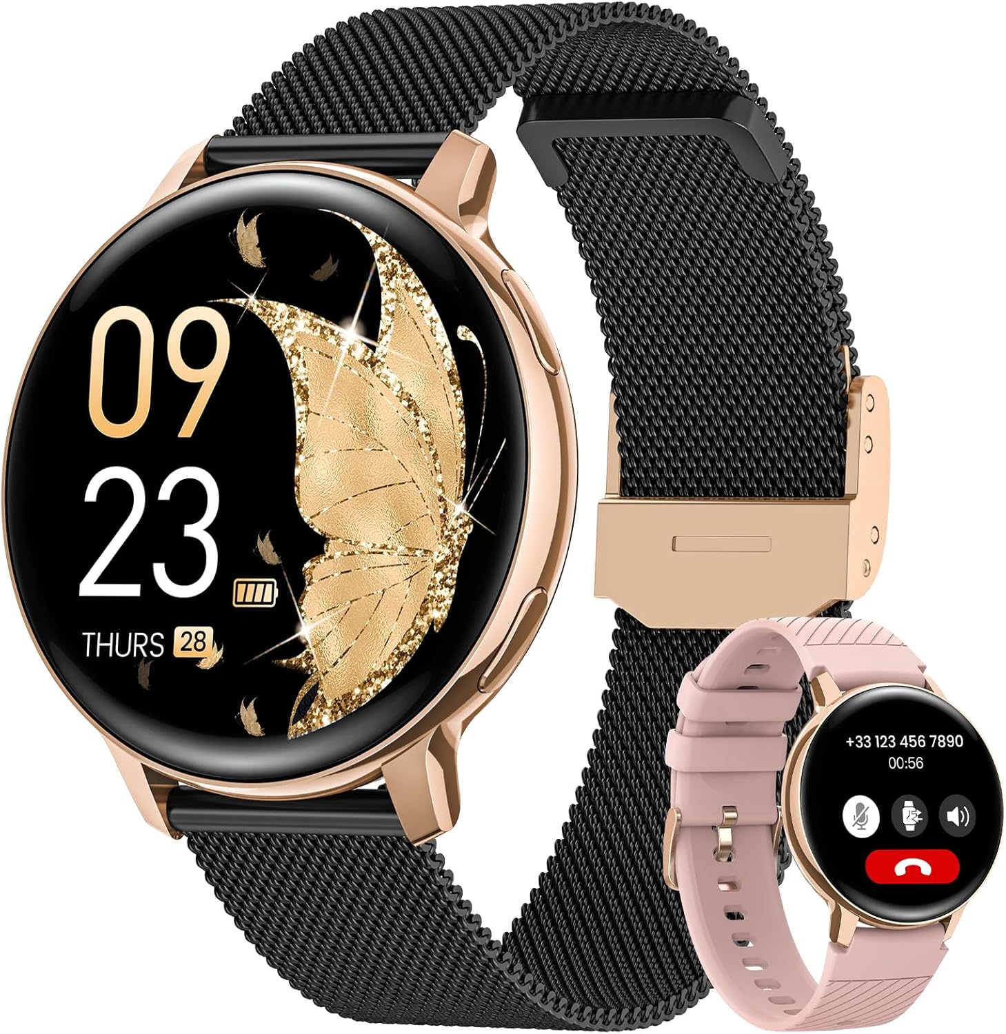 Sanorum Women's Smartwatch, 1.39 Inches Smartwatch with Calls, Female Physiology, 24H Heart Rate Monitor SpO2, Sleep, 120+ Sports, Notifications, Fitness Smart Watch for iOS Android Black Gold
