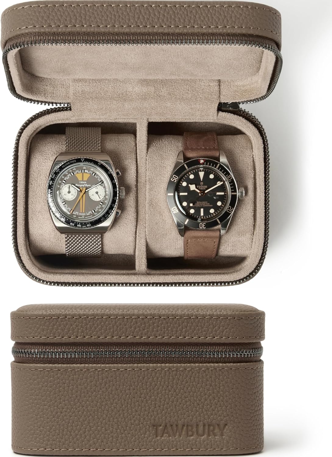 TAWBURY Luxury Leather Watch Box for Men Women Travel Zipper Closure Genuine Leather Taupe Watch Roll Case for Men