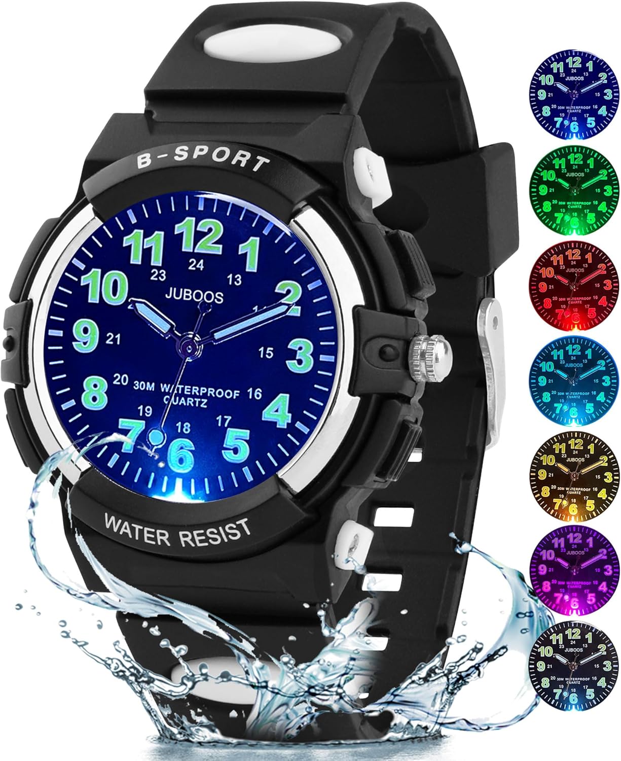 Juboos Children's Analogue Watch with 7 Color Night Lights, Waterproof, Soft Strap, Quartz Watch for Boys and Girls 5-18 Years Old