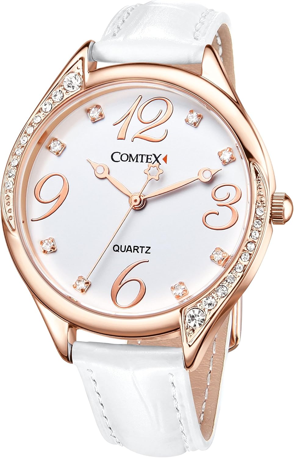 Comtex Women's Rose Gold Rhinestone Elegant White Leather Strap Wrist Watch