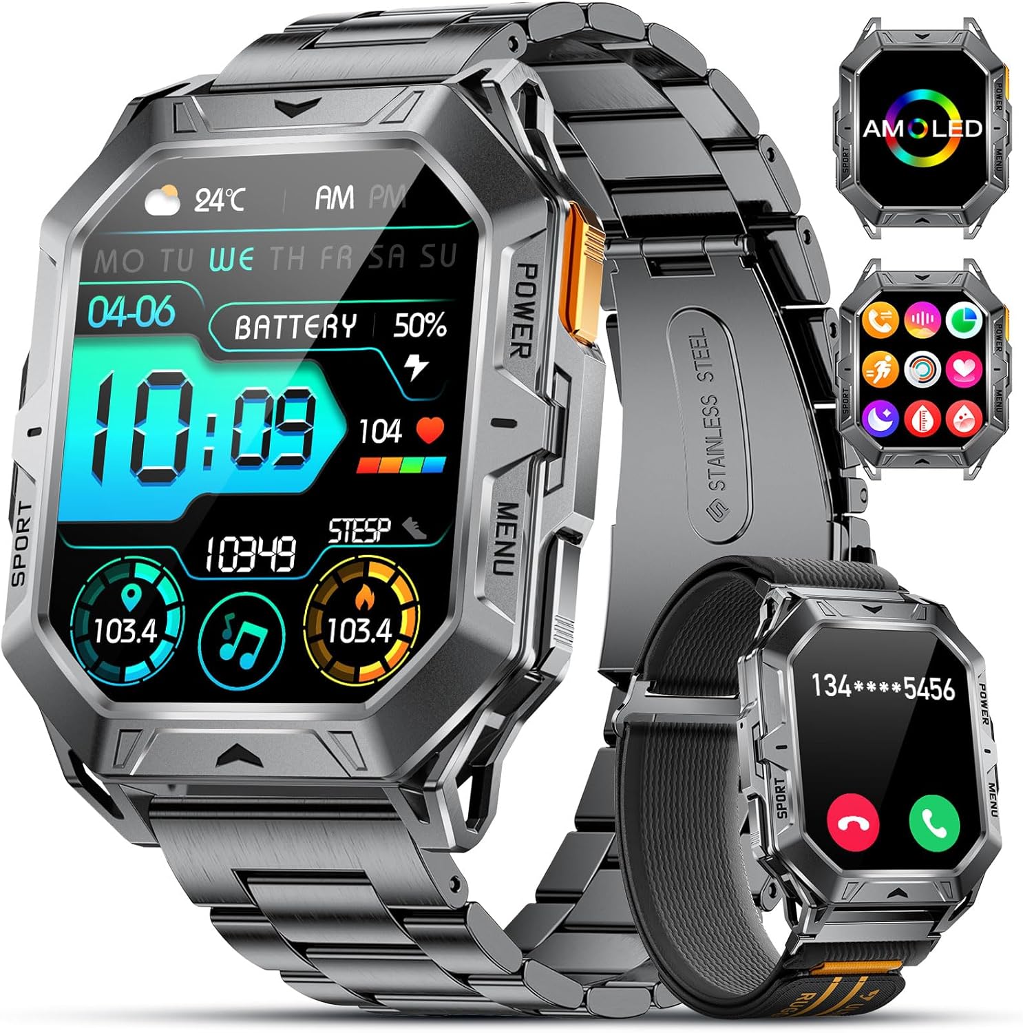 LIGE Men's Military Smartwatch 2.13 Inches AMOLED Smart Watch with Bluetooth Calls, 1000 mAh Battery, Heart Rate Monitor, Sleep, IP68 Waterproof, 100+ Sport Mode for Android IOS