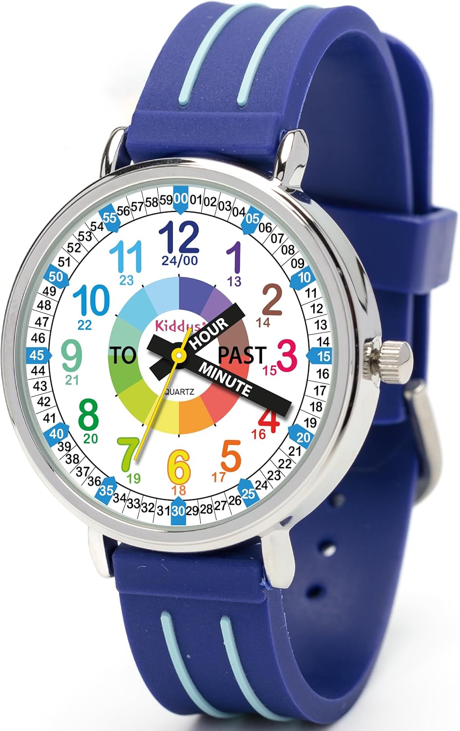 Kiddus Children's Analogue Wrist Watch - Time Teacher English Version - Learning to Read the Time - Japanese Quartz Movement, 01 Blue English Version, Strap