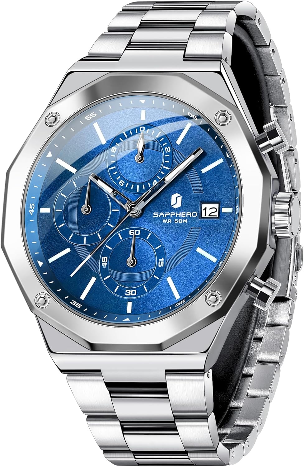 SAPPHERO Men's Watch Octagonal Stainless Steel Quartz Watch for Men, 50M Waterproof Analog Movement with Date Elegant Male Gift