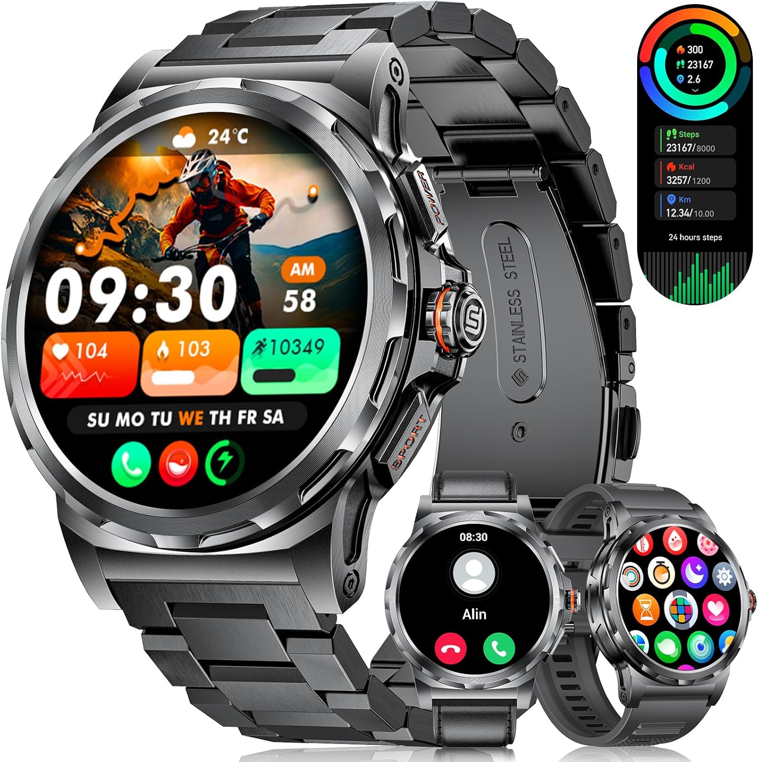 LIGE Men's Smartwatch with Bluetooth Calls/1.43 Inches AMOLED Display, Military Smartwatch Watch with 110+ Sports Modes, Sleep Monitoring Fitness Tracker with IP68 Waterproof, Black
