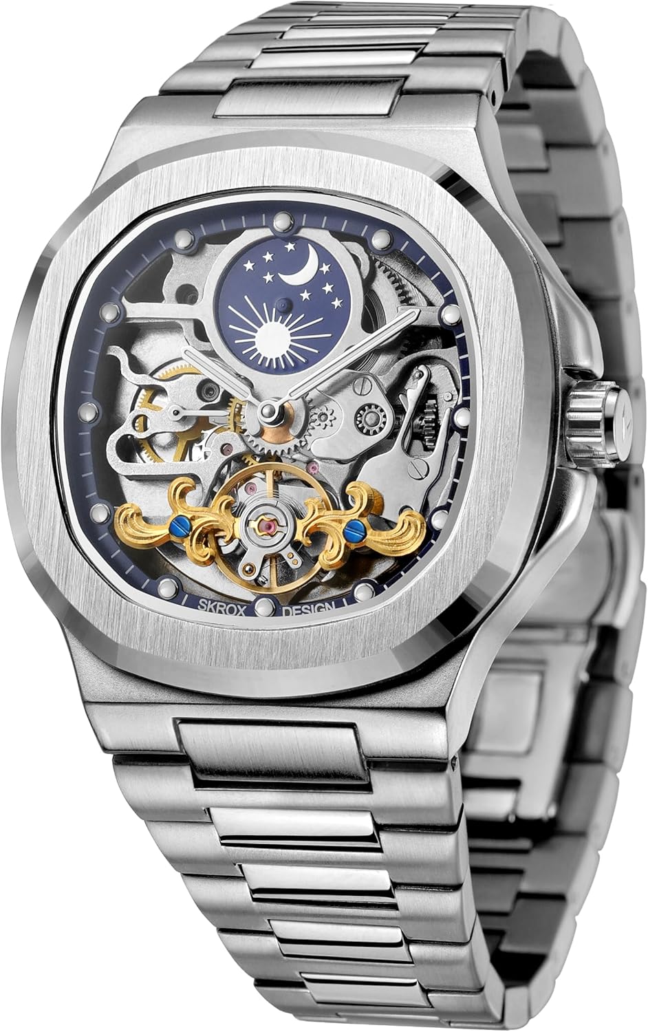 FORSINING Orologio da uomo di lusso automatico a carica automatica, scheletro, analogico, sole e luna, con cinturino in acciaio inox