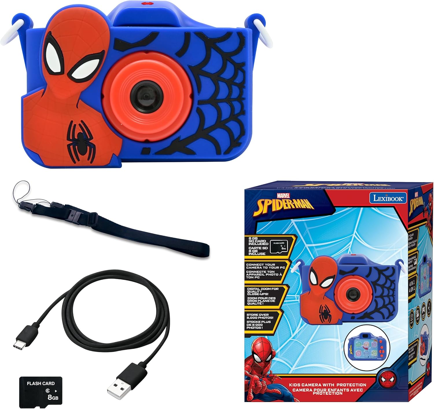 Lexibook, Spider-Man 4-in-1 Kids Camera with Protection, Photo, Video, MP3 and Games, 15 Frames to Personalize Your Photos, 8GB Memory Card Included, DJ078SP