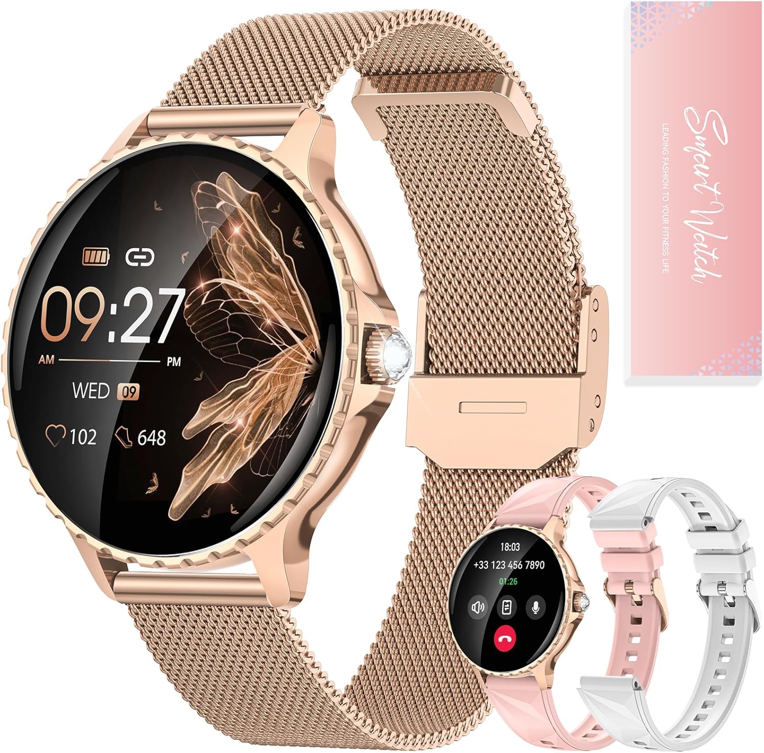 Women's Smartwatch, 1.27 Inch Smart Watch with Calls, 3 Straps, Diamond Design, 200+ Dials, Menstrual Cycle, Heart SpO2 Sleep, 113 Sport Fitness Watch Android iOS Gift for Christmas Rose Gold