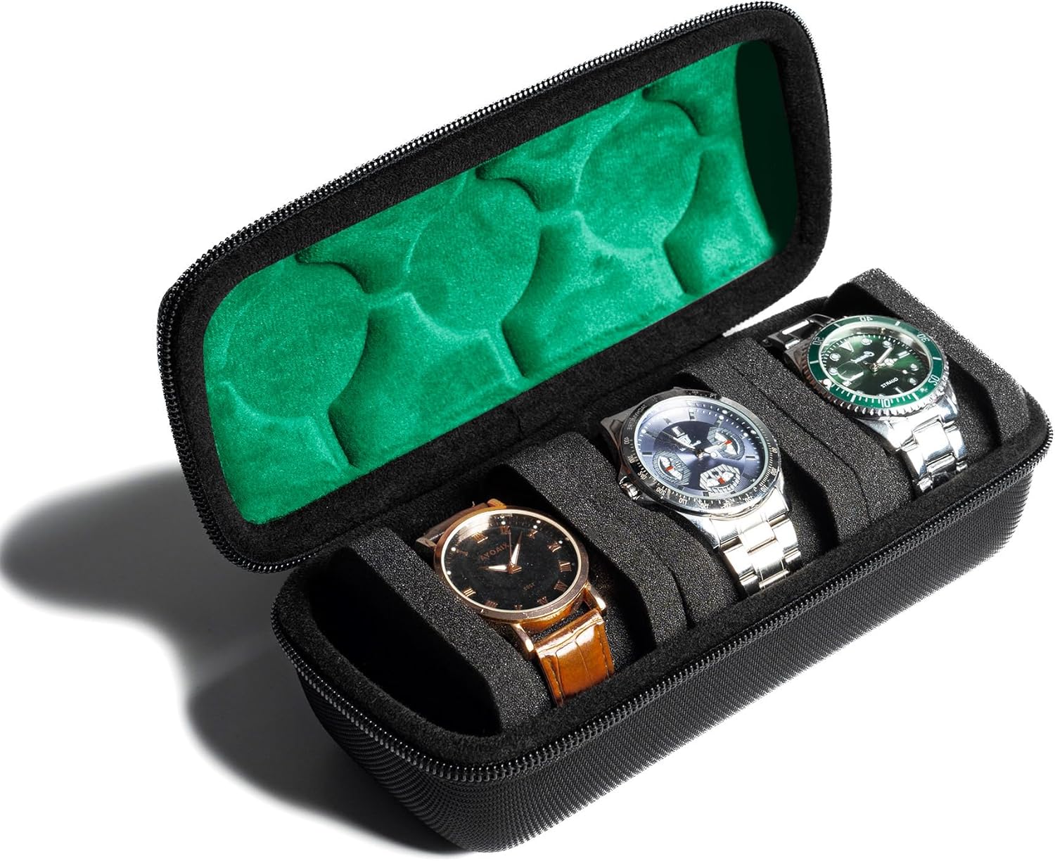 Watch Travel Hard Case with 3 Compartments for Men and Women with Anti-Movement Pillow (3 Slots Black with Green Lining)