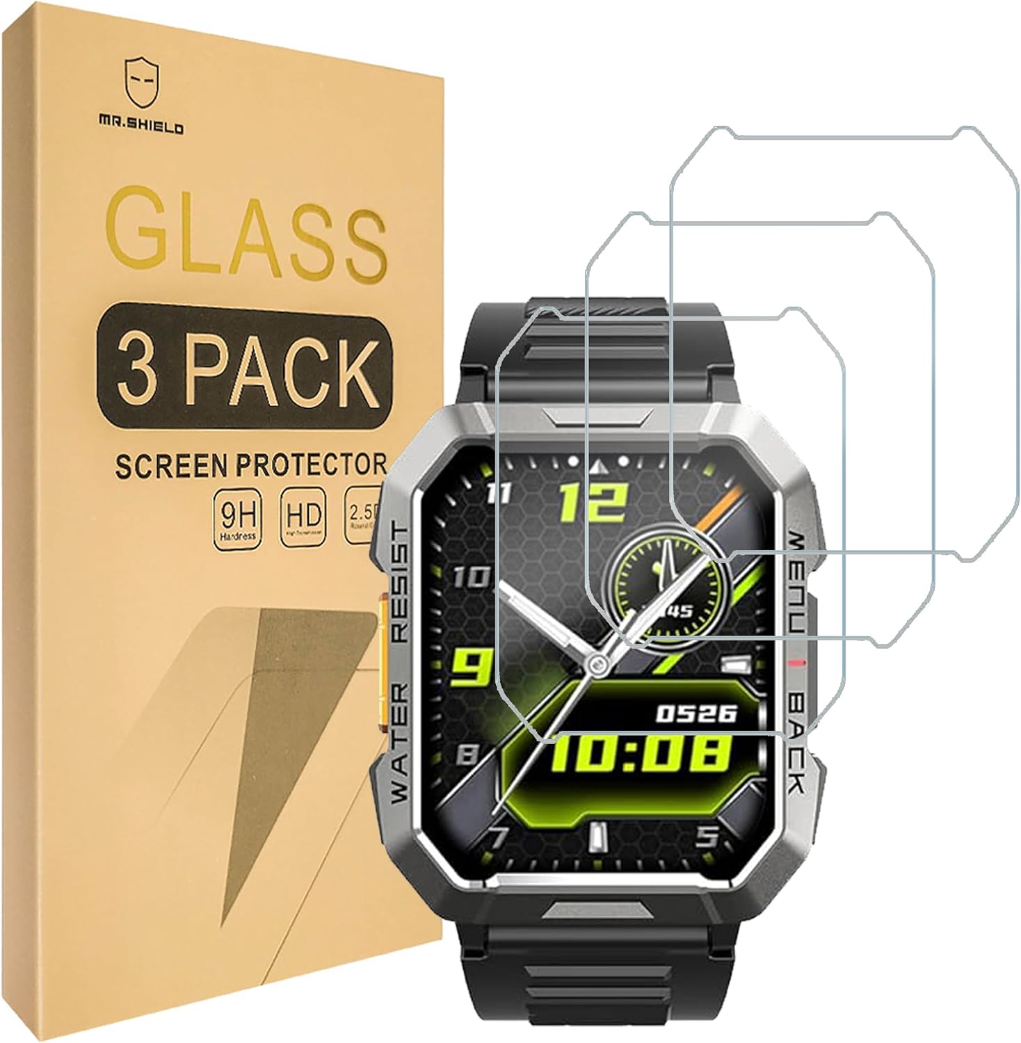 Mr.Shield Screen Protector for Blackview W60 2.01 Inches, IOWODO W60 Military Smart Watch Tempered Glass [9H Hardness] [3 Pieces] Bubble Free Screen Protector