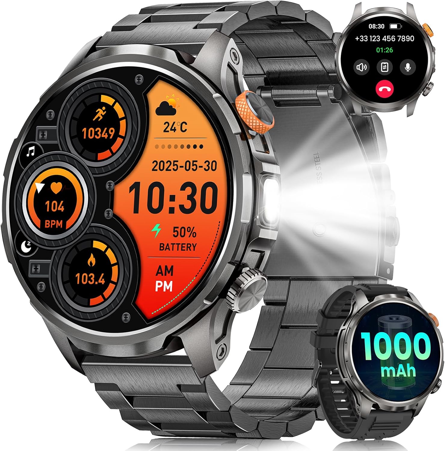 Men's Military Smartwatch with 1000 mAh/LED Flashlight/5ATM, 1.91 Inches AMOLED Smartwatch Fitness with Calls/110+ Sports Modes/Heart Rate Monitor/SpO2/Sleep/Messages Notifications Android iOS