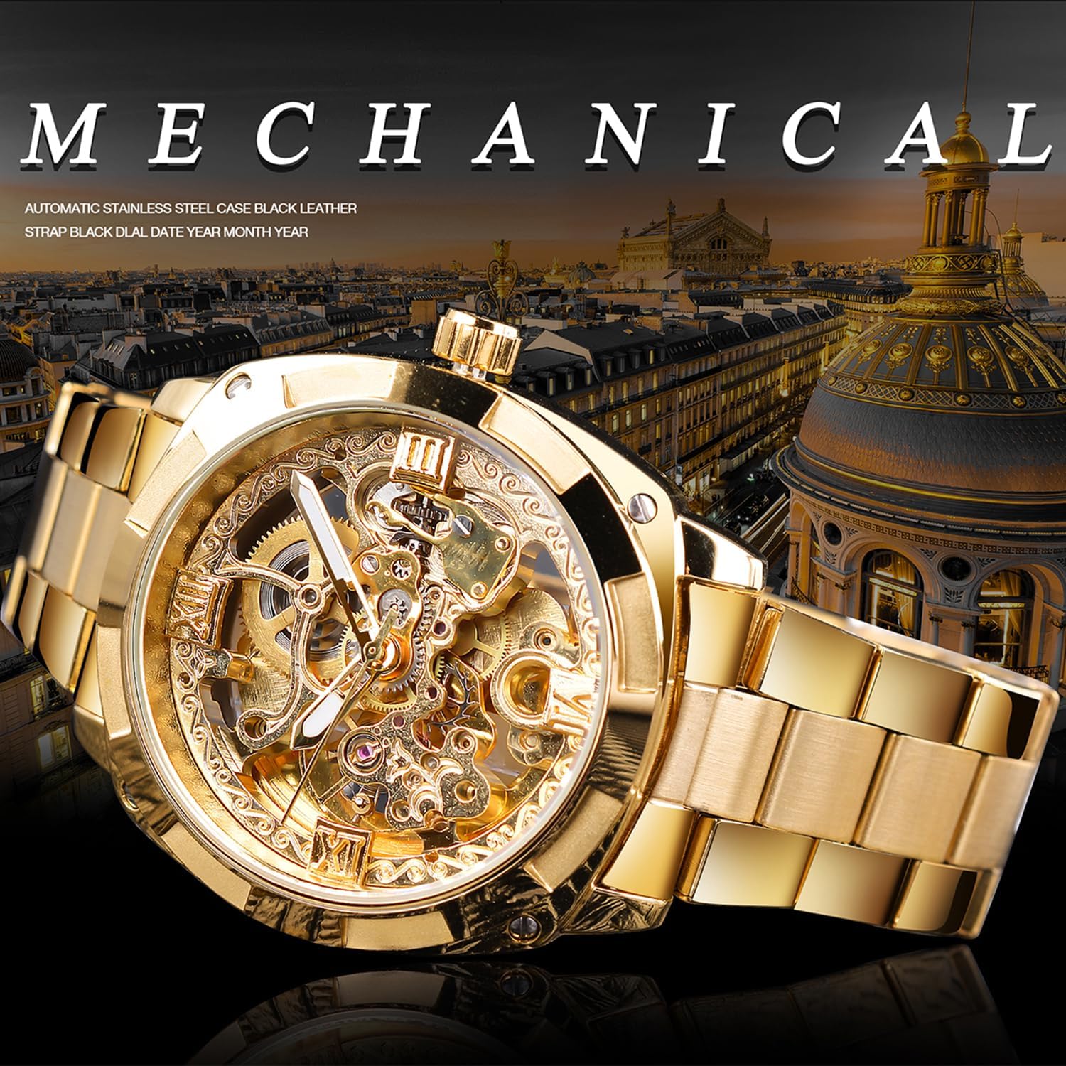 Forsining Retro Luxury Men's Automatic Mechanical Watches Full Gold Flower Engraving Designer Skeleton Male Watch