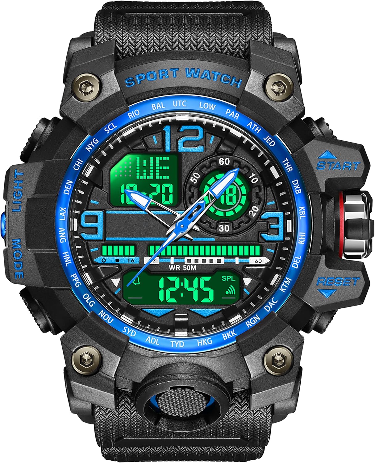 Digital Watches for Men, 50M Waterproof Multifunction Digital Shock Resistant Military Sports Watch, Backlight Wristwatches Blue, Strap