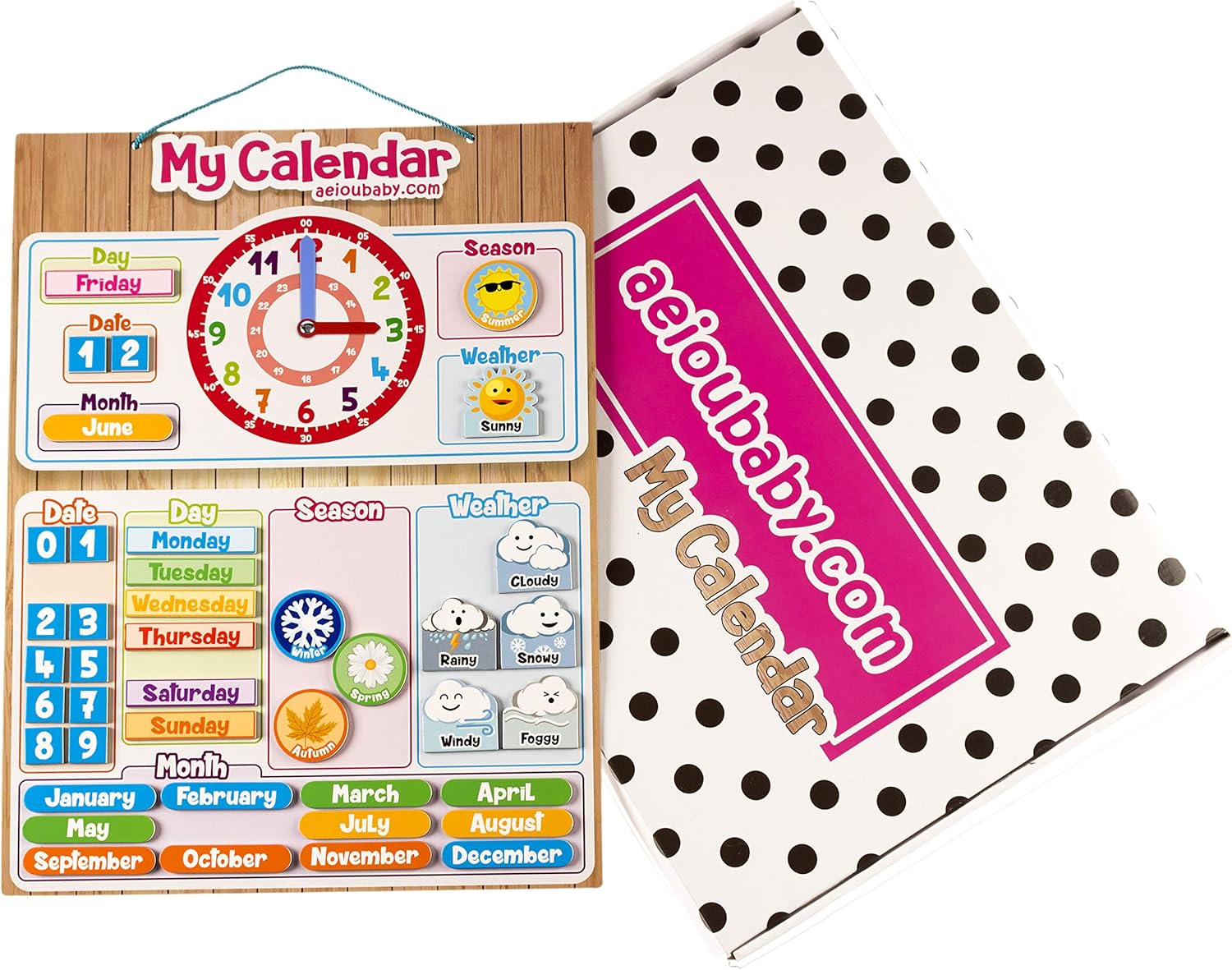 Magnetic Clock Calendar for Children, Educational Game Date Time and Time for Wall or Refrigerator, 43 x 32 cm, Ideal as a Birthday Gift for Children at School or Nursery (English)