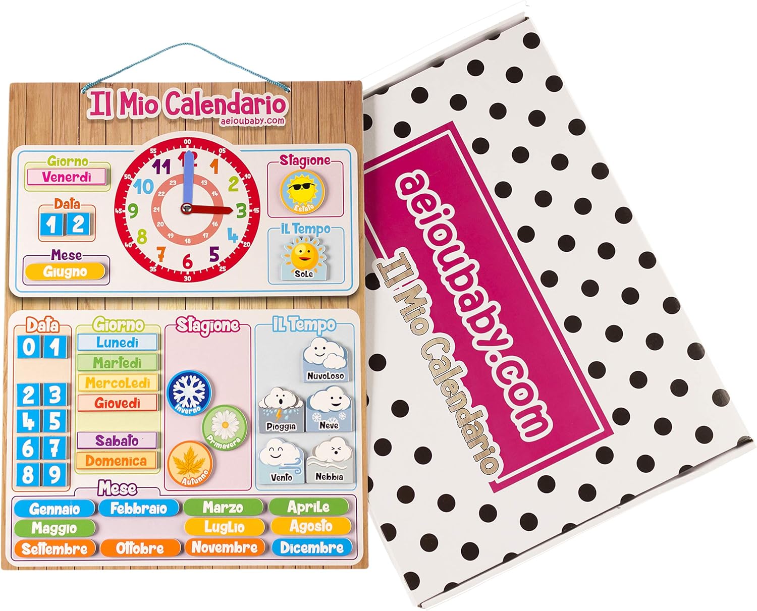 Magnetic Clock Calendar for Children, Educational Game Date Time and Time for Wall or Refrigerator, 43 x 32 cm, Ideal as a Birthday Gift for Children at School or Nursery