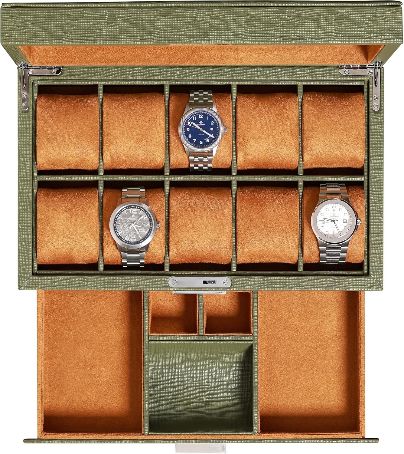 ROTHWELL Leather Watch Box with 10 Compartments and Drawer for Watches, Elegant Watch Organizer with Ultra Soft Microfiber Lining, Key Locking, Large Storage Shelf