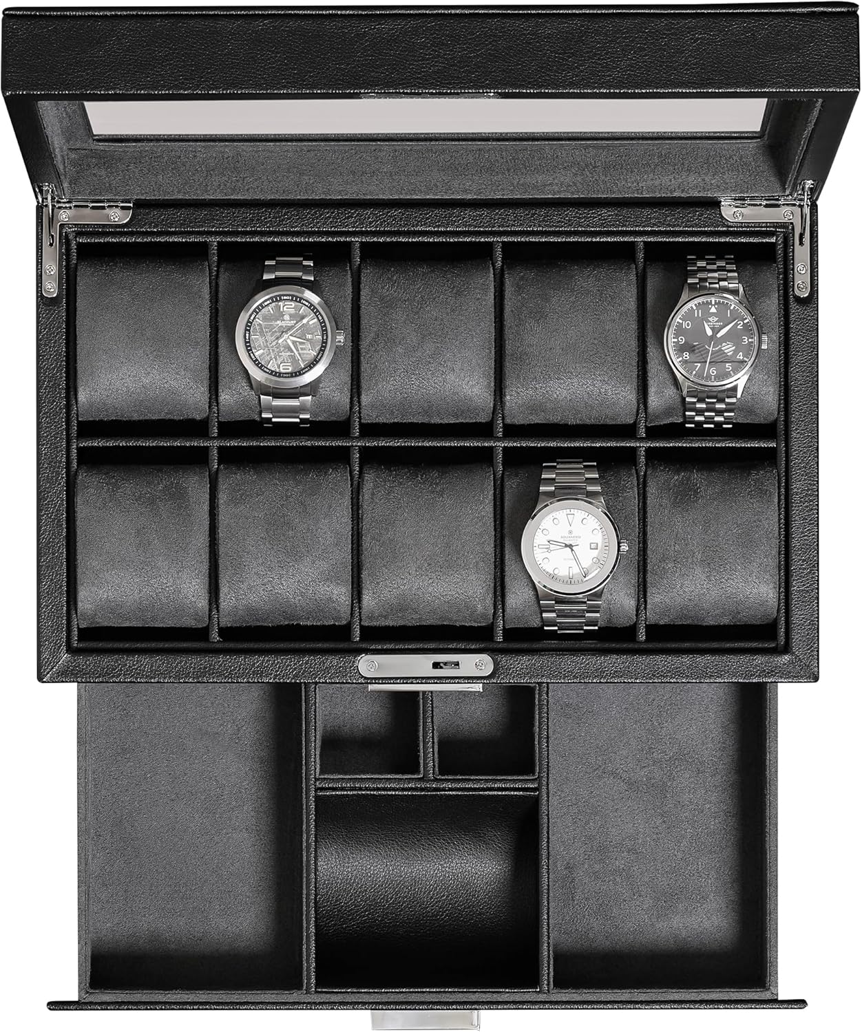 ROTHWELL 10 Compartment Leather Watch Box with Drawer, Luxury Watch Organizer, Ultra Soft Micro Suede Lining - Watch Box - Watch Box