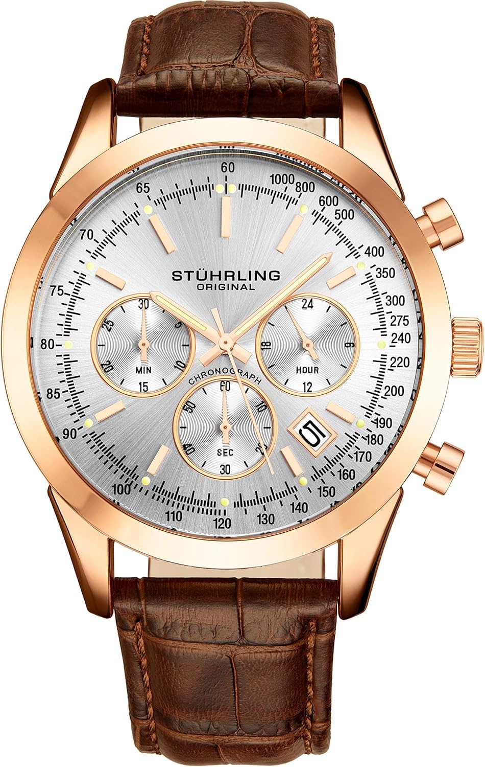 Stührling Original Men's Chronograph Watch, Silver Dial with Date, Speedometer and 24 Hour Indicator, Rose Gold Steel Case and Brown Leather Strap, Stylish and Functional.