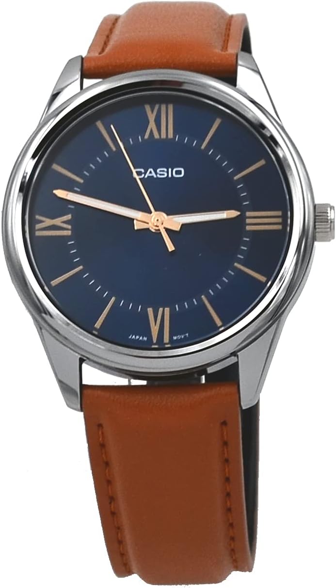 Casio Men's Watch with Blue Dial Roman Dial Tan Leather Strap MTP-V005L-2B5