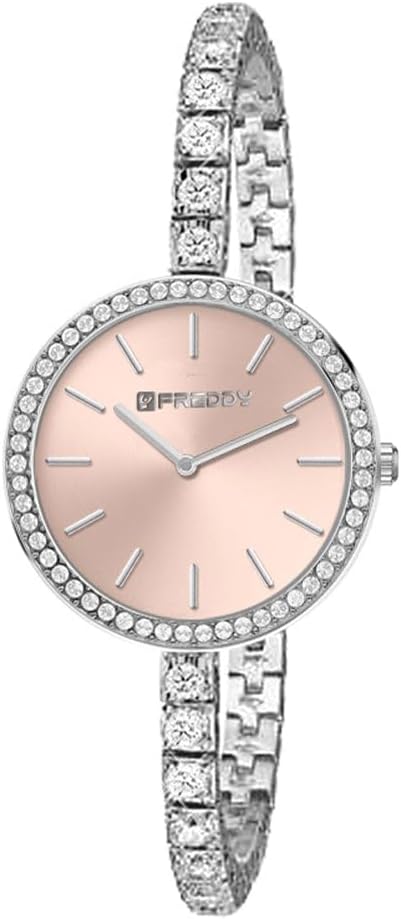 FREDDY Women's Wrist Watch Bracelet Jewel Case in Diamonds Mesh in Steel Gold and Silver Bezel of Gems, Round Dial 26 mm