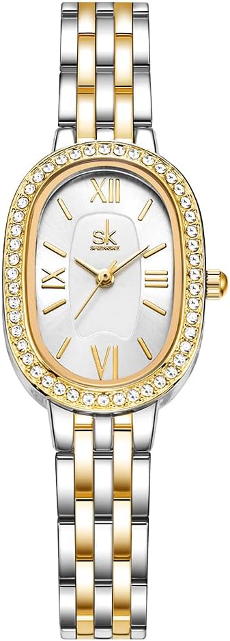 SHENGKE SK Ladies Solid Steel Oval Crystal Bracelet Watch