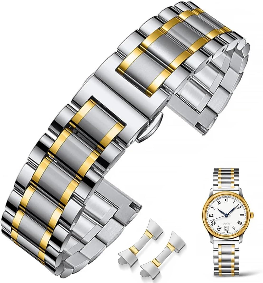 Metal Watch Bands Stainless Steel Replacement Metal Bracelet 16 18 19 20 21 22 24 mm Smartwatch Straps with Black or Silver Gold Buckle for Men and Women