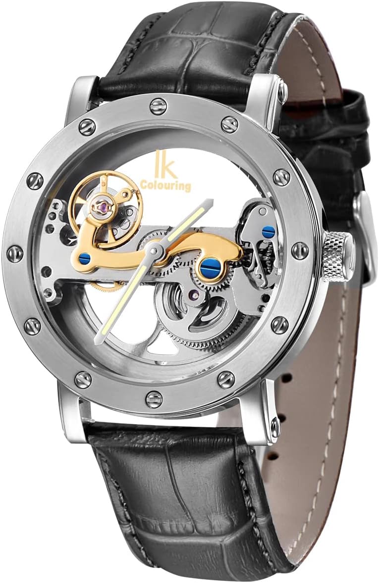 Alienwork IK Automatic Watch for Men and Women Skeleton Mechanism with Glass Bottom