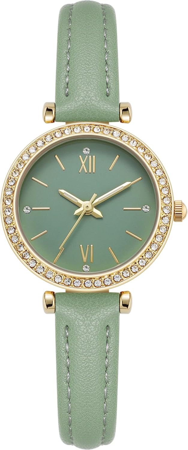 NUOVO Ladies Green Elegant Rhinestone Sweet Dial Casual Ladies PU Leather Strap Watch Green, green, Strap