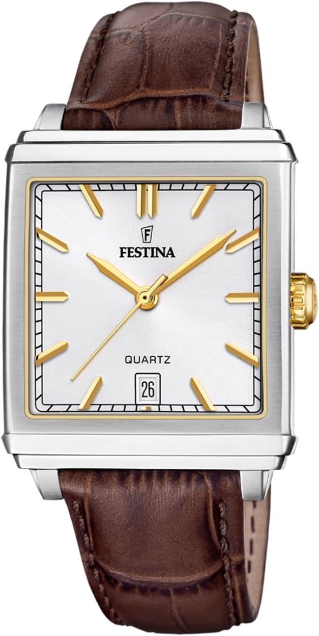 Festina Men's Analogue Watch with Brown Leather Strap – Quartz Movement – Calendar – High Resistance Mineral Glass – 5 ATM Water Resistant – Elegant F20681/4 On the Square
