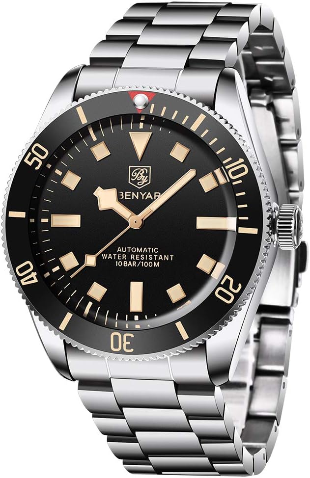 Benyar 5179 Men's Automatic Mechanical Watch Rotating Aluminum Bezel Stainless Steel Strap Waterproof Luminous Casual Self-Winding Watches