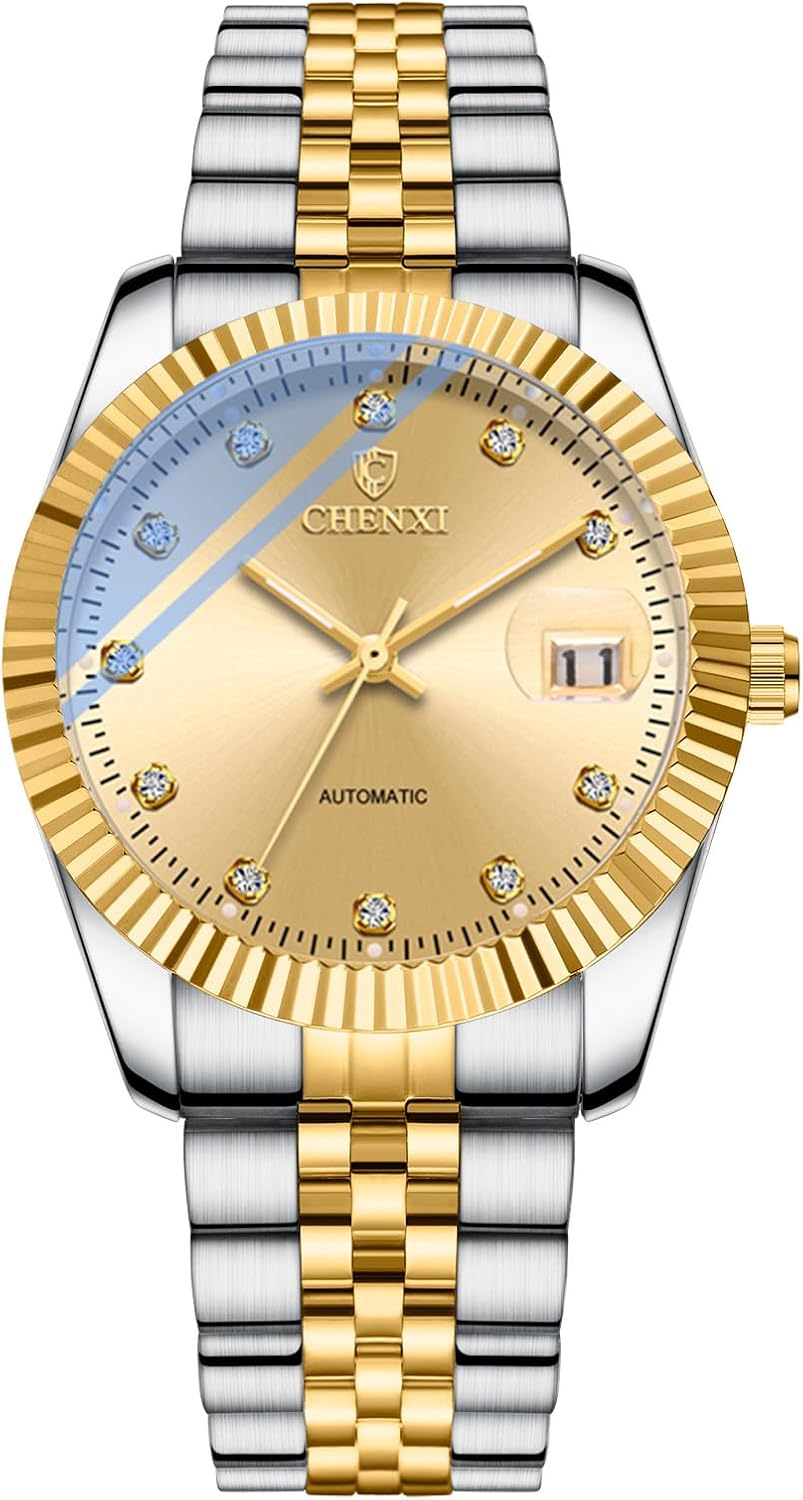 JewelryWe - 36 Hour Power Reserve Automatic Mechanical Wrist Watch, Luminous Hands, Diamond Indices, Water Resistant, Elegant Design, Gift Ideas