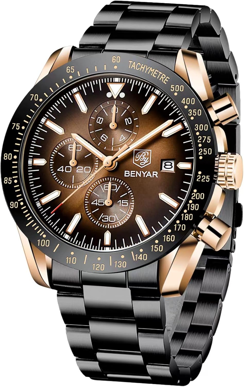 BY BENYAR Men's Chronograph Analogue Quartz Movement Waterproof Luminous Fashion Sports Business Wrist Watch Leather Strap Stainless Steel Elegant Gift for Men