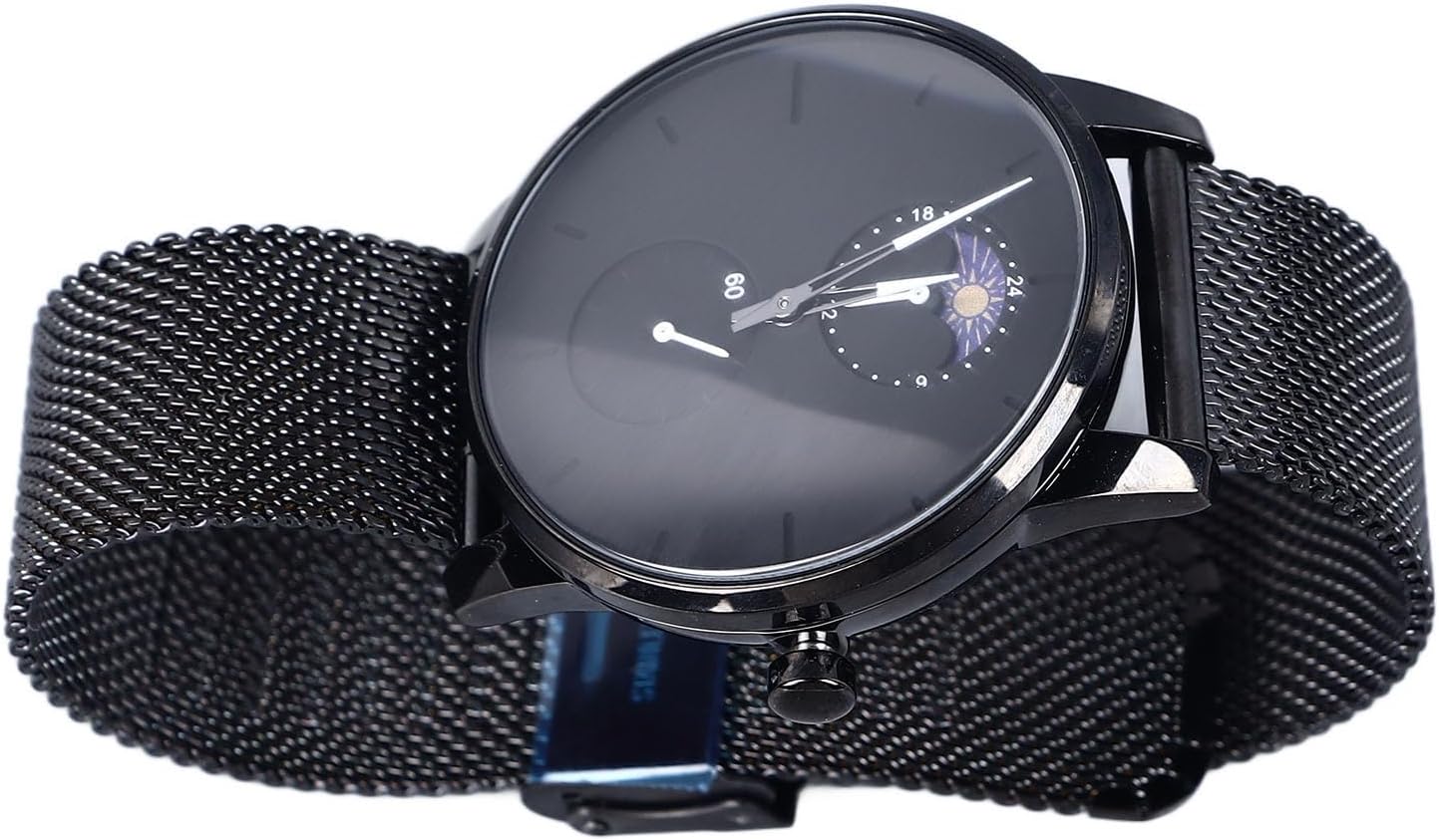 Cocoarm Men's Quartz Watch with Moon Phases, Ultra Thin Stainless Steel Mesh Strap, 30M Waterproof, Moon Phase Design, Quartz Movement, Ad Technology