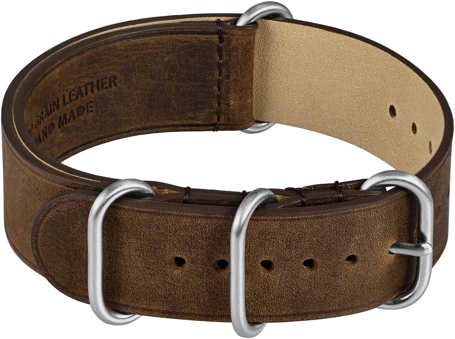 WOCCI Vintage Leather Strap, One-Piece Replacement Strap for Men, Superior Grain Leather, Brushed Hardware, Band Width 18 mm 20 mm 22 mm