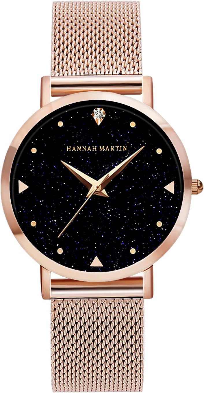 Zwini Women's Watch Waterproof 3ATM Quartz Watch with Rose Gold Stainless Steel Mesh Bracelet with Elegant Blue Dial Starry Sky Pattern