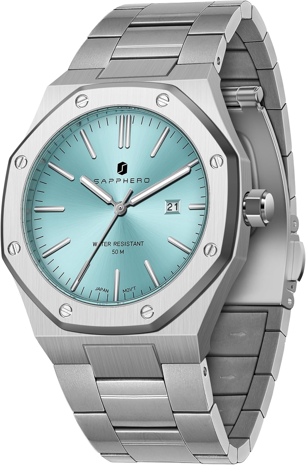 SAPPHERO Men's 50 m Waterproof Quartz Silver Bracelet Stainless Steel Date Calendar Black Blue Men Watches Wrist Gifts for Men