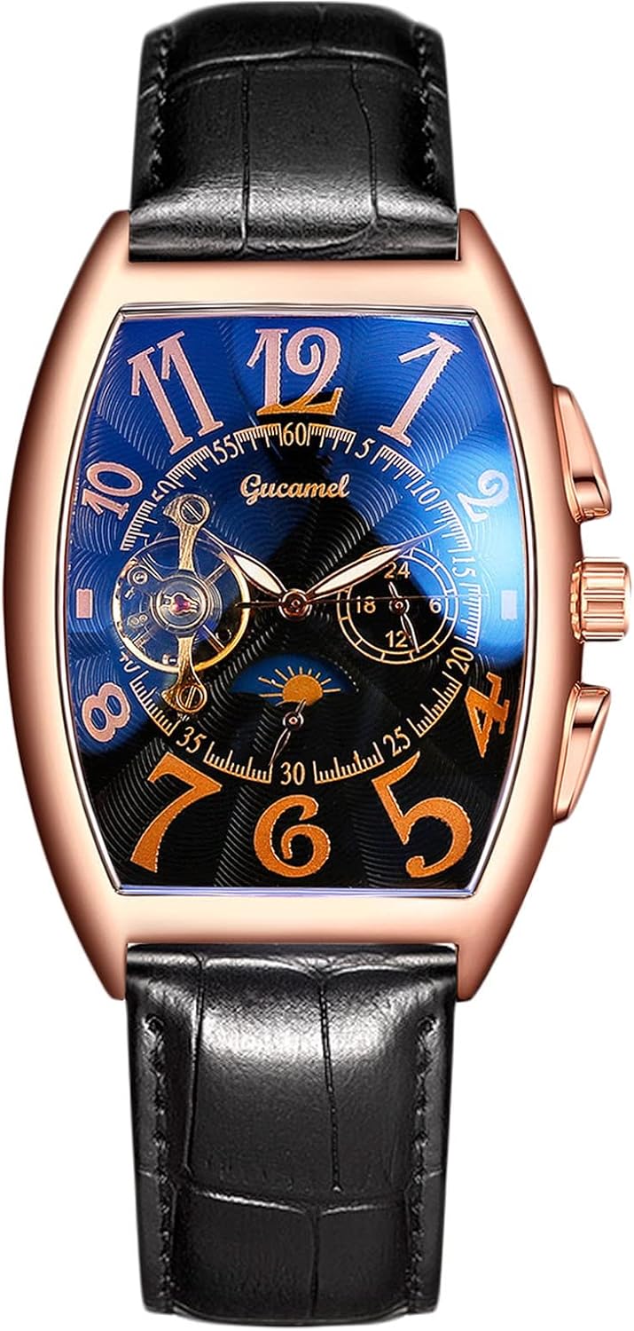 RORIOS Men's Automatic Mechanical Wrist Watch Skeleton Dial Watches with Leather Strap Tourbillon Watches, Black Rose Gold, Strap