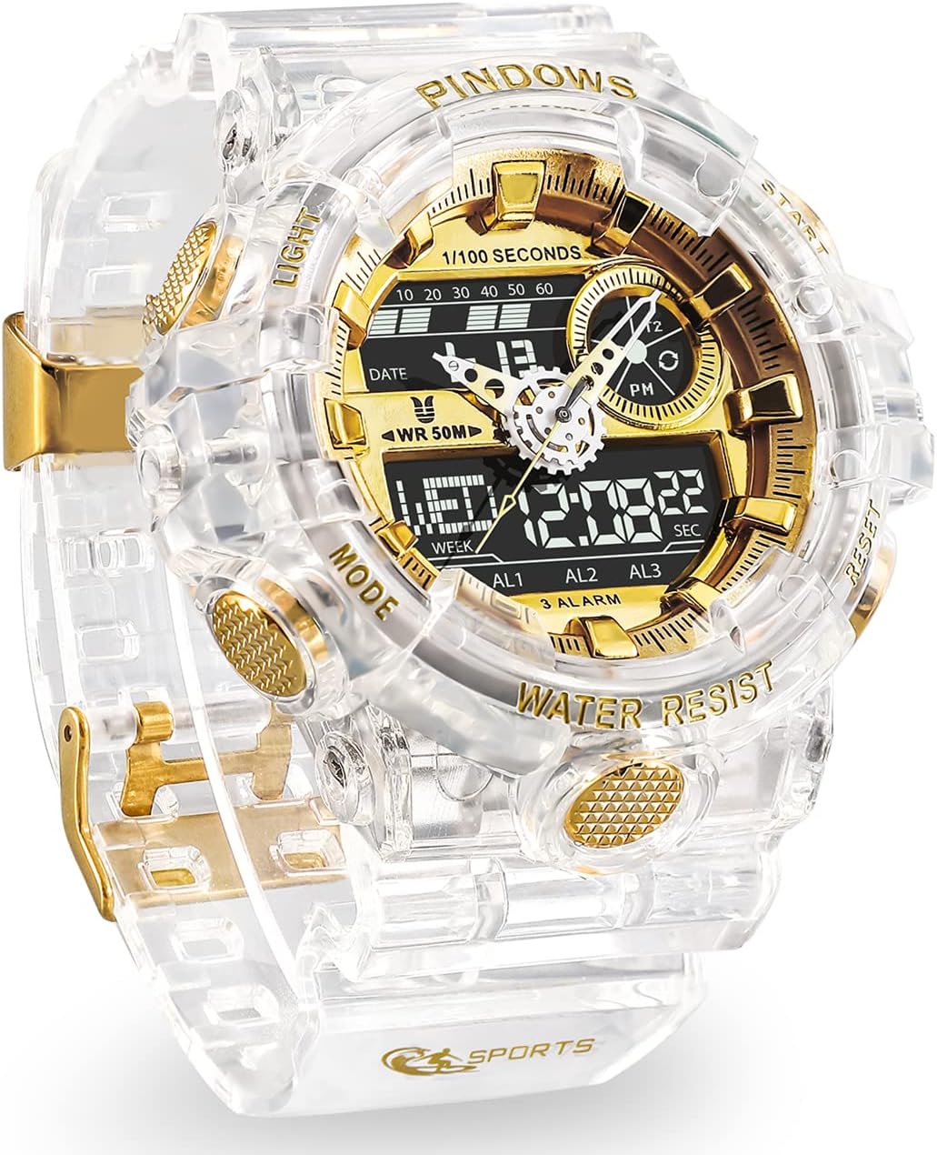 PINDOWS Men's Digital Sports Watch Analogue Digital Watch with Waterproof Lightweight 3 Groups of Alarm Countdown Timer Multifunctional Clock