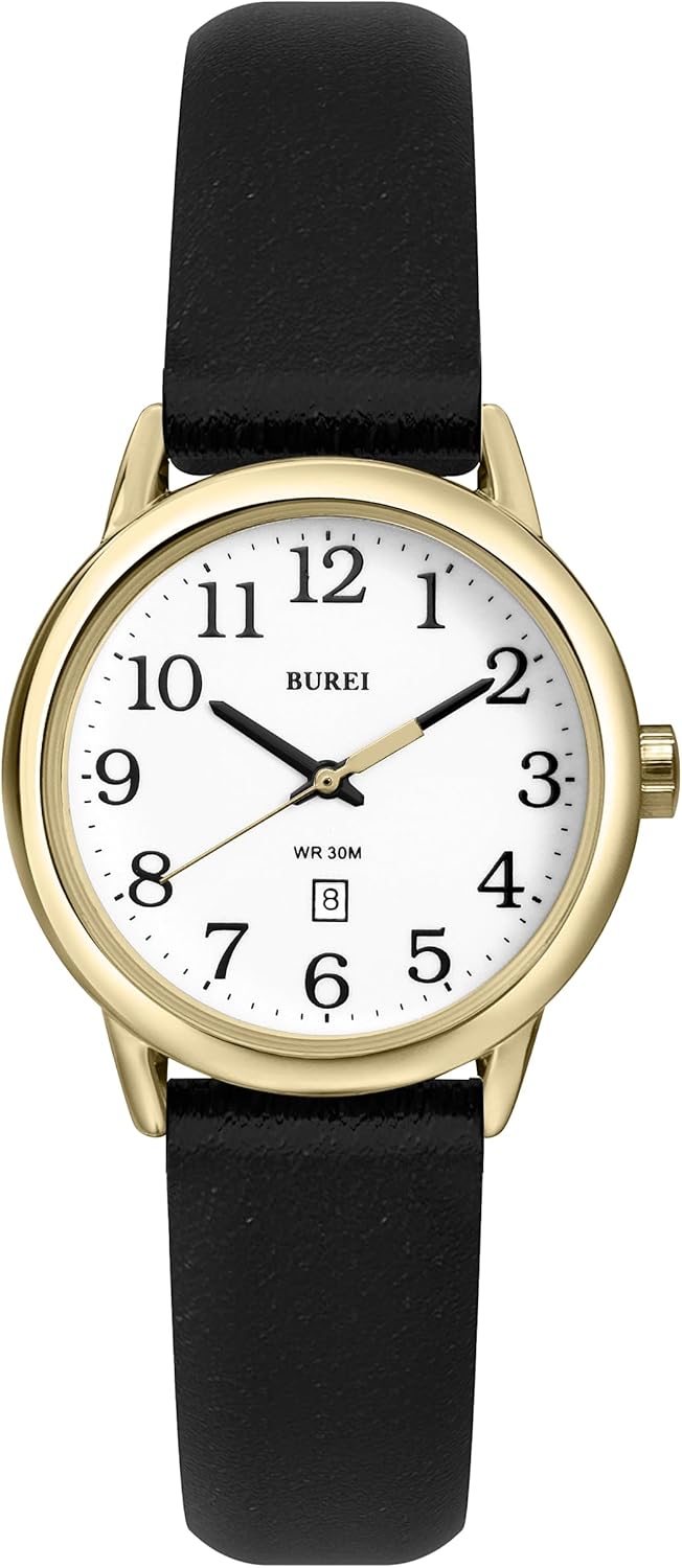 BUREI Orologio da donna in pelle nera con luminoso, facile da leggere, orologio minimalista per donne e infermieri, regalo per lei