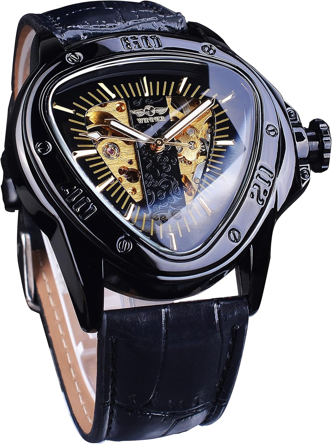 WINNER Fashion Triangle Mechanical Wrist Watch Waterproof Golden Skeleton Dial Automatic Movement Leather Design Mechanical Watch for Men