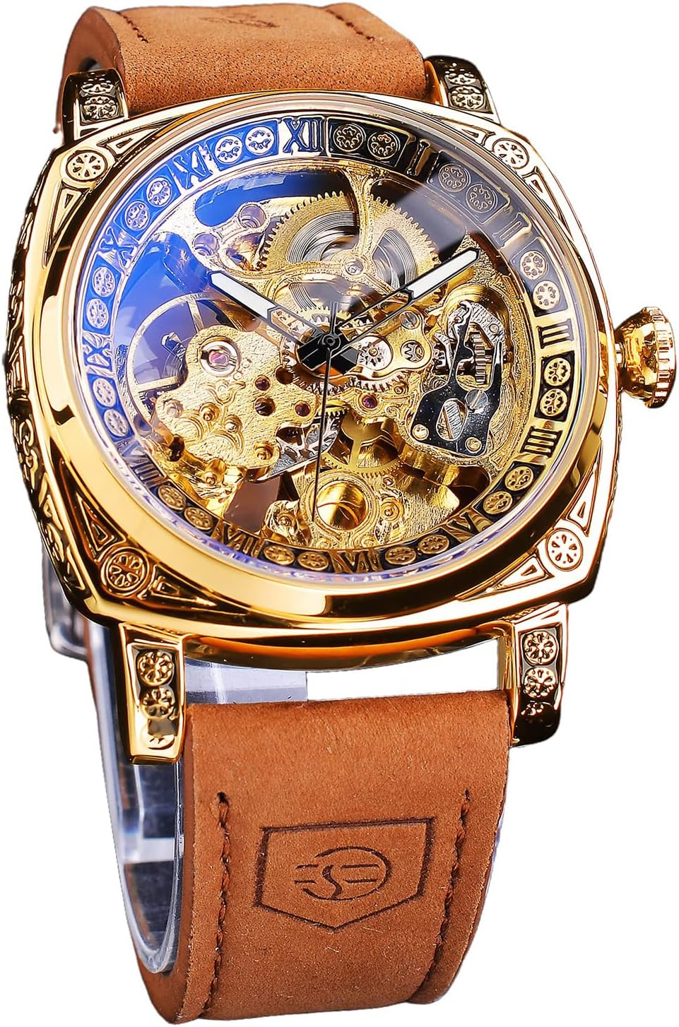FORSINING Luxury Watches for Men Elegant Automatic Mechanical Watch Retro Square Engraving Skeleton Gold Wrist Watch with Vintage Brown Retro Leather Strap