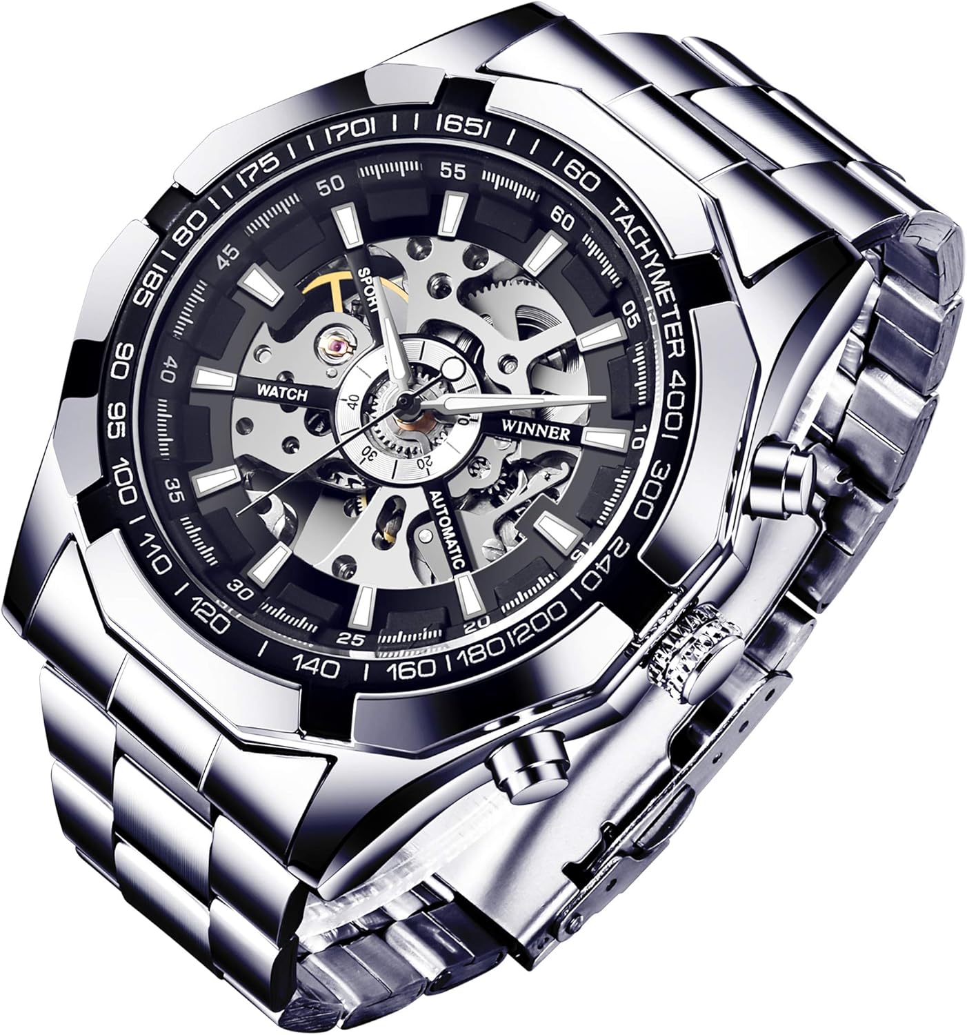 Gute Mens Mechanical Automatic Luminous Hands Skeleton Silver Black Silver Strap Wrist Watch, silver, Strap