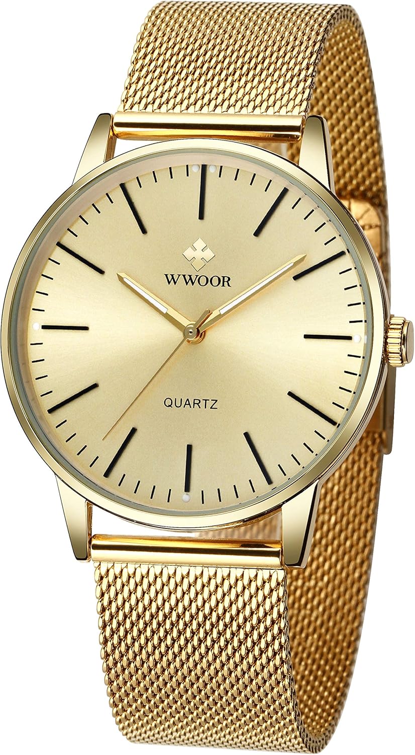 WWOOR Mens Ultra Thin Fashion Waterproof Stainless Steel Mesh Band Wrist Watch